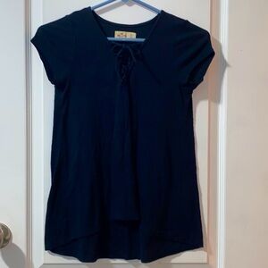 Woman’s Black Ribbed V Shaped Lace Up T-shirt